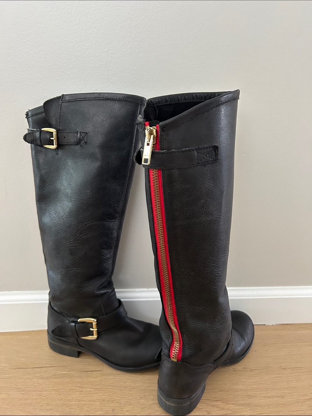 Steve Madden Black Leather Knee-High Riding Boots with Red Zip Detail
